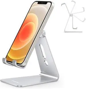 Adjustable Cell Phone Stand, OMOTON Aluminum Desktop Cellphone Stand with Anti-Slip Base and Convenient Charging Port, Fits All Smart Phones, Silver