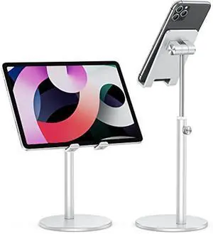 Cell Phone Stand, OMOTON Angle Height Adjustable Phone Stand, Aluminum Desktop Phone Holder Dock Stand for Desk, Compatible with iPhone 13/Mini/Pro/Max, All Smartphones and Tablets(4-11''), Sliver