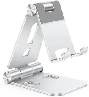 OMOTON Foldable Cell Phone Stand, C4 Portable Aluminum Phone Holder, Adjustable Phone Dock Cradle Compatible with iPhone 17/16/15 Pro Max Air, Samsung Galaxy, Small Tablets, All Smart Phones, Silver