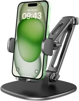 APPS2Car Phone Stand for Desk [No Dropping Stable Triple-Clamp Holder] Adjustable Height 360 Degree Rotation Heavy Base Thick Case Friendly, Multifunctional Cell Phones Stand for iPhone Android Phones