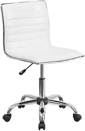 Flash Furniture Alan Low-Back Ribbed Upholstered Vinyl Swivel Desk Chair with Padded Seat, Modern Adjustable Height Padded Office Chair, White