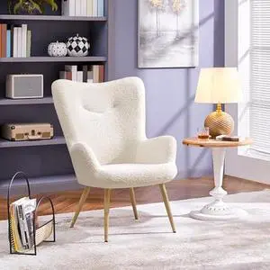 Yaheetech Accent Chair, Modern Boucle Vanity Chair with High Back and Wood-Tone Metal Legs, Sherpa Chair for Living Room, Home Office, Ivory