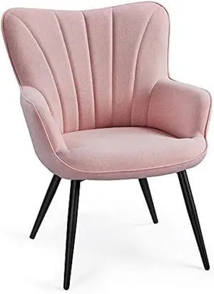 Yaheetech Accent Chair, Modern and Elegant Armchair, Linen Fabric Vanity Chair with Metal Legs and High Back for Living Room Bedroom Office Waiting Room, Pink