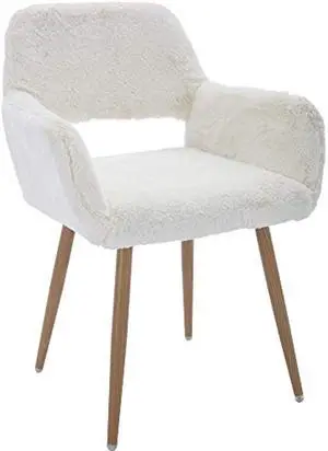 KCC Furry Desk Chair, Mid-Century Modern Accent Comfy Armchair with Faux Fur for Teen Girls, Wood Look Metal Legs Living Dining Room, Home Vanity Makeup Office No Wheel, White.