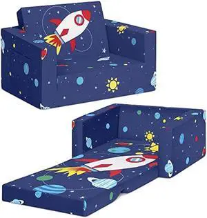 Delta Children Cozee 2-in-1 Kids Couch and Kids Sofa - Baby Sofa with Foam Construction, Stain Resistant and Machine Washable Cover, Side Pocket, Space Theme, 24 W x 17 D x 15 H