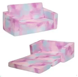 Delta Children Cozee 2-in-1 Extra Wide Convertible Sofa to Lounger-Comfy Flip Open Couch/Sleeper for Kids, Pink Tie Dye