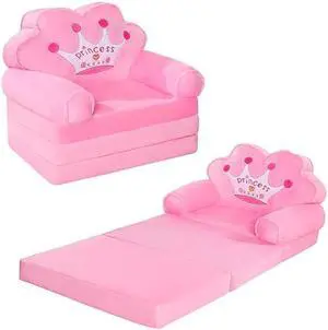 MOONBEEKI Kids Couch Fold Out, Foldable Princess Chair for Toddlers 1-3, Sofa Bed for Kids Folding Toddler Bed Lounger Chair for Bedroom Pink