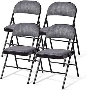 GOFLAME 4 Pack Folding Chairs, Fabric Dining Chair Set with Padded Seat & Metal Frame, Indoor Outdoor Upholstered Commercial Seat for Home Office Events Wedding Party, Grey & Black