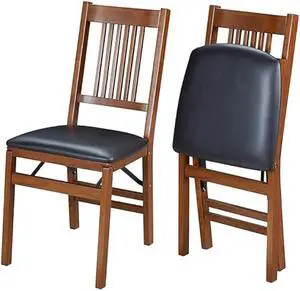 MECO Stakmore True Mission Wooden Folding Chairs with Padded Seats, Set of 2 - No Assembly Foldable Dining Chairs, Steel Folding Mechanism, Upholstered Cushion, Space-Saving, Fruitwood Frame