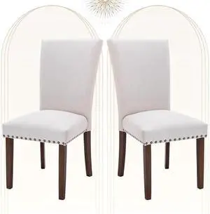 COLAMY Upholstered Parsons Dining Chairs Set of 2, Fabric Dining Room Kitchen Side Chair with Nailhead Trim and Wood Legs - Beige