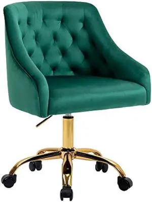 MOJAY Velvet Office Swivel Chair, Vanity Fabric Desk Pretty Fancy Gold Office Chairs for Girls, 360°Swivel Height Adjustable Reception Chair (Green)