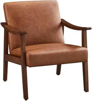 Yaheetech PU Leather Accent Chair, Mid-Century Modern Armchair with Solid Wood Legs, Reading Leisure Chair with High Back for Living Room Bedroom Waiting Room, Brown