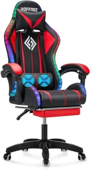 RGB Gaming Chair Massage with LED Lights and Footrest Ergonomic Computer Gaming Chair with High Back Video Game Chair with Adjustable Lumbar Support Red and Black
