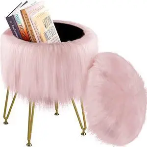 Vanity Stool Chair with Storage, Faux Fur Makeup Room Seat Stool, Soft Padded Seat, Round Footrest Footstools with 4 Metal Legs & Adjustable Footings, Vanity, Bathroom, Bedroom Chairs Pink