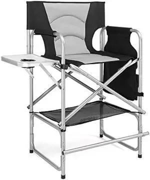 mefeir Tall Camping Chair Makeup Artist Director Chair 26 Counter Height, Portable Folding Design with Side Table, Cup Holder & Side Storage Bag, Heavy-Duty Iron Frame (300 lbs Capacity)