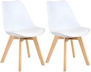 LSSBOUGHT Mid Century Modern Dining Chairs,Shell Lounge Plastic Side Chair with Soft Padded and Wooden Legs for Dining Room Living Room Bedroom Kitchen Set of 2 (White)