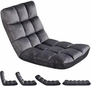 Yaheetech Floor Folding Chair with Back Support, Padded Folding Gaming Sofa Chair with 14 Adjustable Backrest, Adults Couch Recliner, Floor Seating Lounge Chair, Armless Meditation Chair, Gray