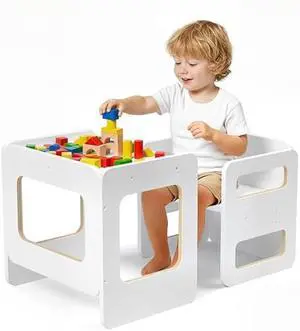 Tilhumt Toddler Table and Chair Set, Montessori Weaning Table and Chair Set for 1-3 Age Kids, 3 Adjustable Height Chair & Activity Table with Fence, Step Stool for Eating, Play, Drawing, Learning