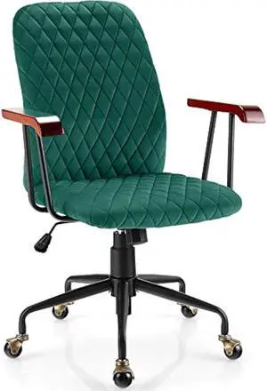 COSTWAY Green Velvet Office Chair, Upholstered Home Leisure Chair with Rubber Wood Armrests & 5-Claw Metal Base, Vintage Mid-Back Computer Desk Chair for Adult, Home, Office, Study