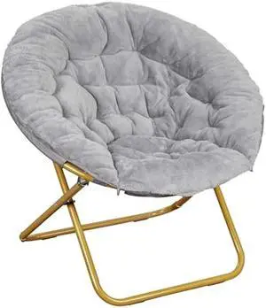 Flash Furniture Gwen Oversize Folding Saucer Chair - Gray Faux Fur Moon Chair - Soft Gold Metal Frame - 38 Portable Folding Chair - For Dorm and Bedroom