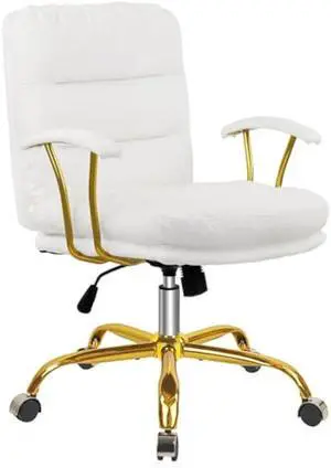 Leather Home Office Desk Chair, Mid-Back Vanity Chair Make Up Chair with Gold Wheels & Removable Armrests, Rolling Swivel Computer Task Chair for Office Bedroom Living Room Girls Women, White