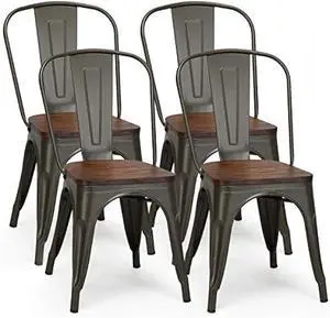 COSTWAY 18 Inch Dining Chair Set of 4, Industrial Vintage Stackable Metal Chairs, Counter Bar Chairs with High Backrest, Wood Seat, for Home, Kitchen and Cafe Bar Use, Welcome to consult