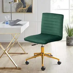 Furniliving Velvet Home Office Chair, Armless Vanity Desk Task Chair with Wheels 360° Swivel Computer Rolling Desk Chair with Back, Adjustable Accent Chair with Gold Metal Base Stool Chair (DarkGreen)