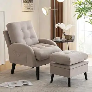 ELUCHANG Accent Chairs with Ottoman, Upholstered Comfy Armchair with Adjustable Backrest&Storage Footrest, Lazy Chair Reading Chair Leisure Sofa Recliner for Living Room Bedroom (Light Grey - Linen)