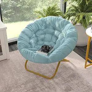 EMMA + OLIVER Ersa Folding Saucer Chair - Dusty Aqua Faux Fur Cushion - 38 Oversized Design - Metal Frame in Soft Gold - No Assembly - Holds 300 lbs. Static Weight