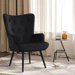 Furnimart Black Velvet Accent Chair Mid Century Modern Living Room Chairs; Comfy Armchair Leisure Vanity Guest Wingback Chair for Office Study Vanity Bedroom Waiting Room
