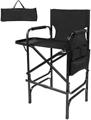 mefeir 30 Tall Directors Chair Black Folding with Side Table Storage Bag,Portable Makeup Artist Bar Height, Aluminum Frame 300 lbs Capacity, 19.2 D x 23.6 W x 45.6 H