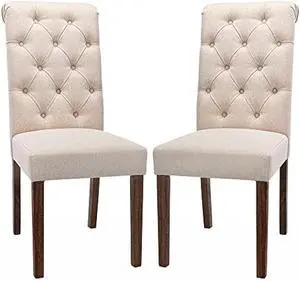 COLAMY Tufted Upholstered Dining Chairs Set of 2, Accent Parsons Chairs with Solid Wood Legs and Padded Seat, Beige