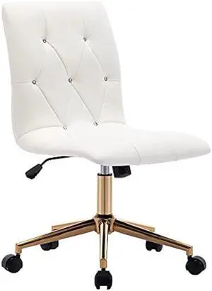 DUHOME Modern Home Office Chair,PU Leather Task Cute White Desk Chair with Gold Base, Armless Rolling Vanity Chair with Wheels for Teens