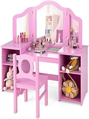 INFANS Kids Vanity, 2 in 1 Princess Makeup Desk & Chair Set with Tri-Folding Detachable Mirror, Large Storage Shelves, Wooden Pretend Play Dressing Table for Girls