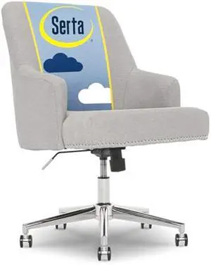 Serta Leighton Home Office Desk Chair, Mid-Back with Chrome Nailheads, Memory Foam Cushion and Padded Arms, Mid Century Modern Vanity Armchair with Wheels, Swivel Base, Twill Fabric, Light Gray