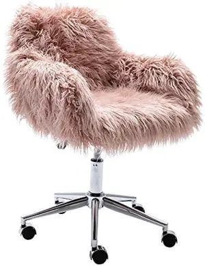 KCC Fluffy Office Desk Chair, Faux Fur Modern Swivel Armchair with Wheels, Soft Comfy Fuzzy Elegant Accent Makeup Vanity Chairs for Women Girls, Home Living Dressing Room Bedroom, Pink