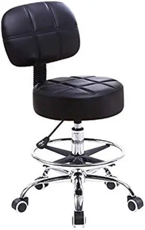 KKTONER Swivel Round Rolling Stool PU Leather with Adjustable Foot Rest Height Adjustable Task Work Drafting Chair with Back (Black)