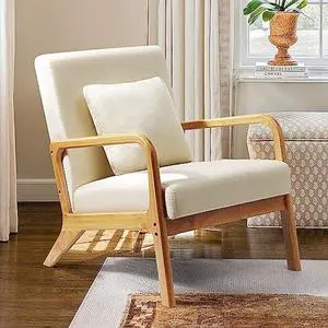 WACASA Accent Chair, Mid-Century Modern Side Chairs for Living Room, Bedroom, Balcony, Reading Room, Deeper Sitting Chair with Pillow, Comfortable Armchair with Solid Wood Frame & Soft Cushion, Beige