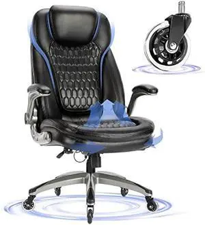 Executive Office Chair-Ergonomic Computer Desk Chair, High Back Leather Chair with Padded Flip-up Arms, Swivel Home Office Chair Upgraded Caster-Black