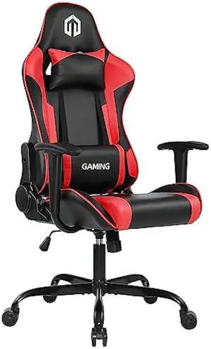 GOTMINSI Computer Gaming Chair with Headrest and Lumbar Cushion, Ergonomic Gaming Chairs Office Chair 290lbs for Adults, Video Game Chairs Racing Chair High Back Leather Adjustable, (BK/Red)