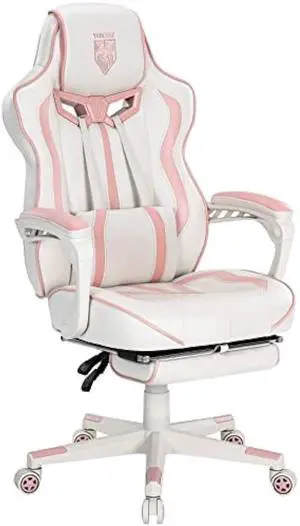 Vonesse Gaming Chair for Girls, Pink Computer Gaming Chairs for Adults, Reclining Gamer Chair with Footrest with Massage, Ergonomic Home Office Chair High Back (White/Pink)