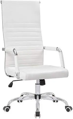 Ribbed Office High Back PU Leather Desk Adjustable Swivel Task Computer Chair with Armrest for Conference Study Leisure, White,KM-0022