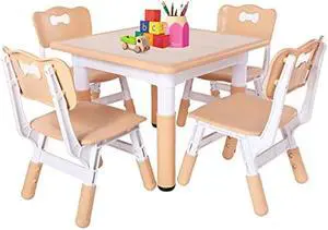 FUNLIO Kids Table and 4 Chairs Set, Height Adjustable Toddler Table and Chair Set for Ages 3-8, Easy to Wipe Arts & Crafts Table, for Classrooms/Daycares/Homes, CPC & CE Approved5-Piece Set