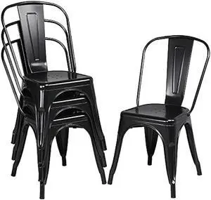 Topeakmart Metal Dining Chairs Set of 4 Black High Back Industrial Chairs Indoor/Outdoor Chic Dining Bistro Cafe Side Barstool Bar Chair Coffee Chair