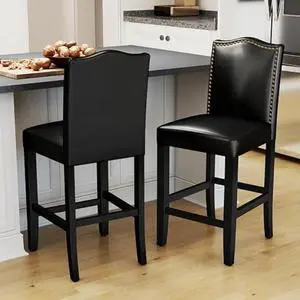 Counter Height Bar Stools Set of 2, 24 Barstool for Kitchen Countertop, Upholstered PU Leather Counter Stool with Nailheads and Solid Wood Legs for Home Kitchen and Bar, Simple Assembly,Black