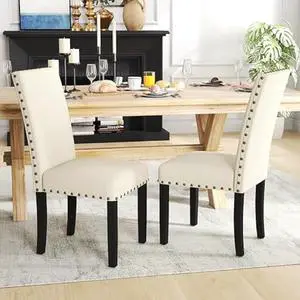 GOTMINSI Upholstered Dining Chairs with Nailhead Trim,Set of 2 Fabric Parsons Dining Room Chairs with Solid Wood Legs, Kitchen Chairs for Vintage Style and Modern Decoration (Beige)