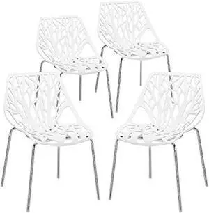 Bonnlo Modern Stackable Chair Set of 4,Kitchen White Dining Chairs,Birch Sapling Comfy Chairs for Dining Room,Living Room,Waiting Room (White)