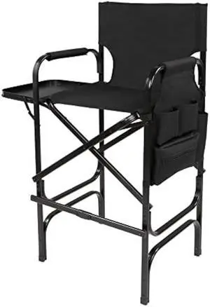 OmySalon 31 Tall Directors Chair Black Folding with Side Table Storage Bag,Aluminum Frame 300 lbs Capacity, 33.8 L x 19.2 W x 45.6 H,Portable Makeup Artist Bar Height
