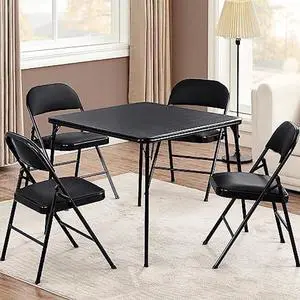 VECELO Portable Folding Card Table Square and Chair Set (5pc) with Collapsible Legs & Vinyl Upholstery, Metal, Black