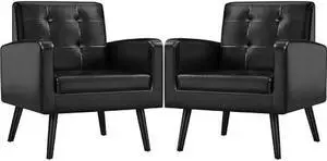 Yaheetech Mid-Century Accent Chairs, PU Leather Modern Upholstered Living Room Chair, Cozy Armchair Button Tufted Back and Wood Legs for Bedroom/Office/Cafe Black 2PCS